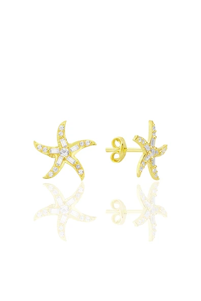 Gümüş altın yaldızlı baget kesim zirkon taşlı deniz yıldızı küpe SGTL12711GOLD ürün görseli