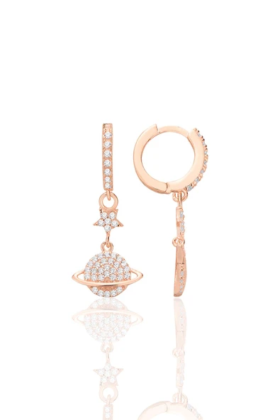 Gümüş rose zirkon taşlı yıldızlı satürn gezegen küpe SGTL12707ROSE