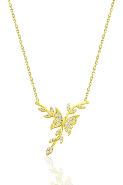 Gümüş altın yaldızlı zirkon taşlı dalda dans eden kelebek kolye SGTL12681GOLD