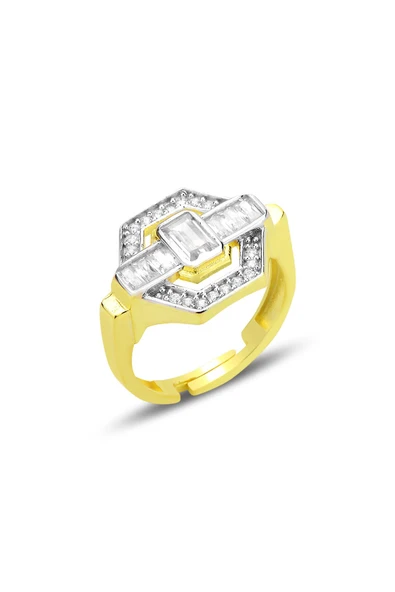 Gümüş altın yaldızlı baget kesim zirkon taşlı ayarlamalı hexagon yüzük SGTL12699BEYAZ ürün görseli