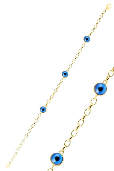 Gümüş altın yaldızlı çift taraflı 7 mm cam göz nazarlı bileklik SGTL12724GOLD