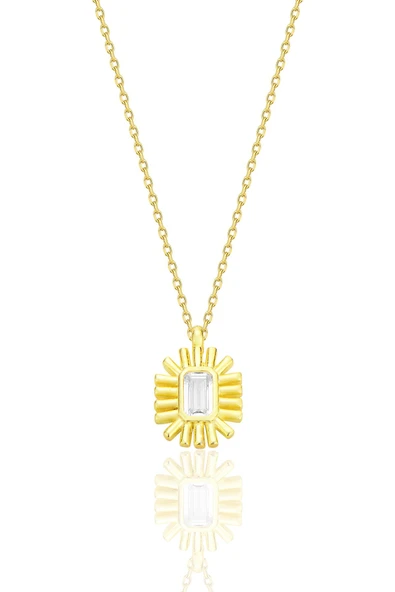 Gümüş altın yaldızlı baget kesim zirkon taşlı güneş ışığı kolye  SGTL12682GOLD