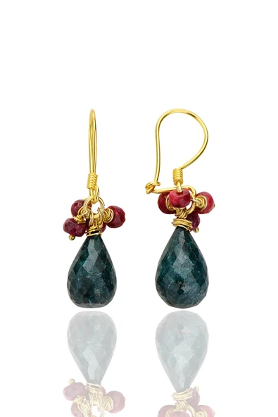 Gümüş altın yaldılzı kök zümrüt ve kök yakut doğal taşlı damla ikili set SGTL12727YESIL - 3