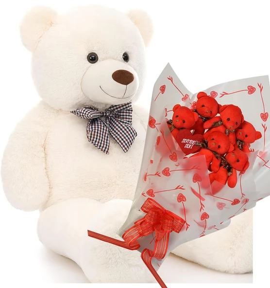 Sevimli 90 cm Peluş Ayı ile Premium Yumoş Kırmızı Peluş Ayıcık Buketi