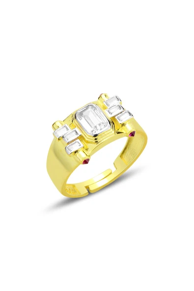 Gümüş altın yaldızlı baget kesim zirkon taşlı ayarlamalı şovalye yüzük SGTL12698GOLD ürün görseli