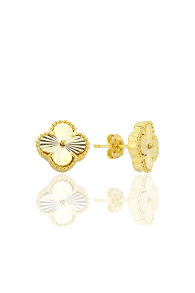 Gümüş altın yaldızlı lazer işlemeli tasarım yonca küpe SGTL12720GOLD