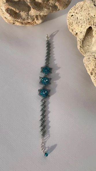 Turkuaz Gri Saydam Haki Hologram Renkli Yıldız Desenli Miyoki Boncuk Bileklik El Yapımı Hediyelik - 2