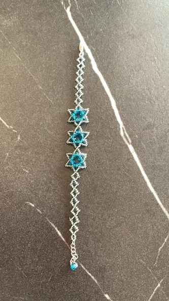 Turkuaz Gri Saydam Haki Hologram Renkli Yıldız Desenli Miyoki Boncuk Bileklik El Yapımı Hediyelik