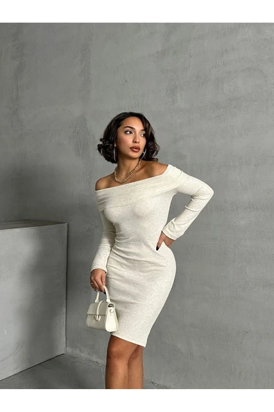Ekru Madonna Yaka Kaşkorse Midi Boy Kalem Elbise 1.sınıf Kaşkorse Kumaş - 6