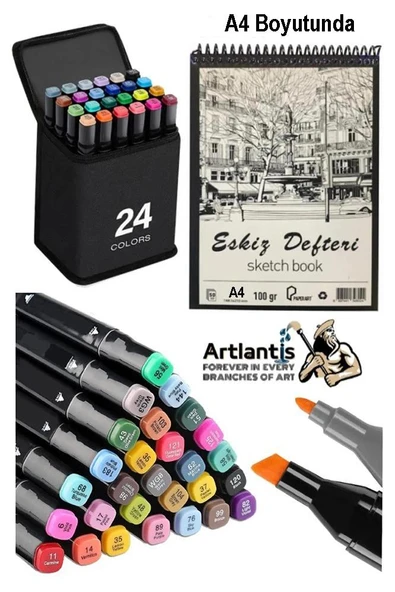 Eskiz Defteri A4 50 Yaprak 100 gr 1 Adet 24 Renk Çift Taraflı Marker Kalem 24 Adet Touch Çift Uçlu