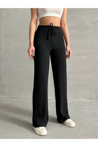 Siyah Kadın Palazzo Fitilli Bol Paça Kaşkorse Eşofman Altı - 3