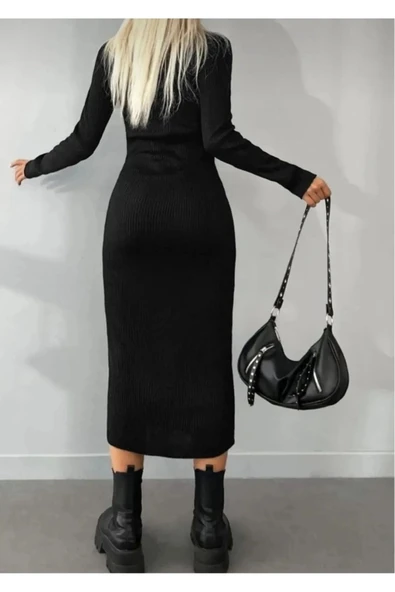 balıkçı yaka kaşkorse kaliteli kumaş midi boy elbise