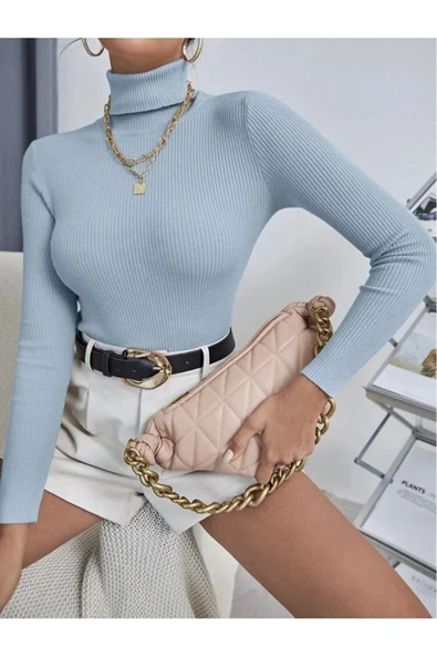 Kadın Bebe Mavisi Pamuklu Balıkçı Yaka Şardonlu Slimfit Boğazlı Kazak Fitilli Bady - 4