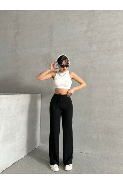 Siyah Kadın Palazzo Fitilli Bol Paça Kaşkorse Eşofman Altı - 7