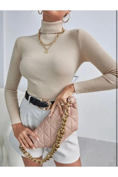 Kadın Balıkçı Yaka Pamuklu Jakarlı Kaşkorse Fitilli Kazak - 3