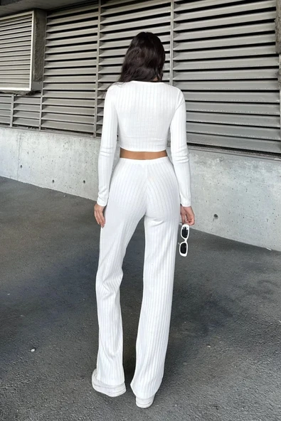 Kruvaze Zincir Detaylı Crop Bluz Palazzo Bol Paça Pantolon Kaşkorse Alt-Üst Takım - 6