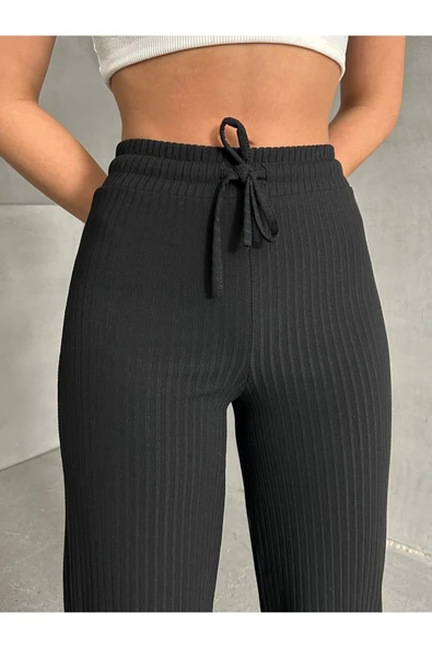 Siyah Kadın Palazzo Fitilli Bol Paça Kaşkorse Eşofman Altı - 4