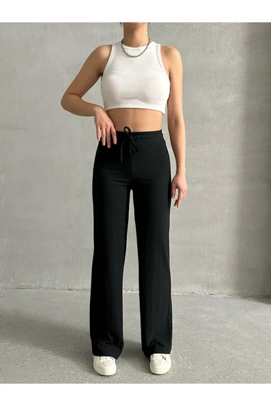 Siyah Kadın Palazzo Fitilli Bol Paça Kaşkorse Eşofman Altı - 8