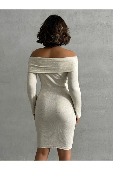 Ekru Madonna Yaka Kaşkorse Midi Boy Kalem Elbise 1.sınıf Kaşkorse Kumaş - 3