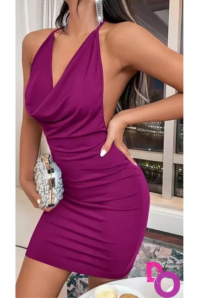 Evlenme Teklifi Aldıran Sırt Dekolteli Fuşya Rengi Mini Gece Elbisesi - 6