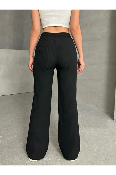 Siyah Kadın Palazzo Fitilli Bol Paça Kaşkorse Eşofman Altı - 2
