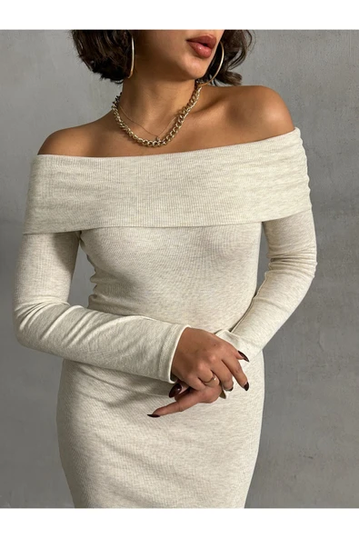 Ekru Madonna Yaka Kaşkorse Midi Boy Kalem Elbise 1.sınıf Kaşkorse Kumaş - 5