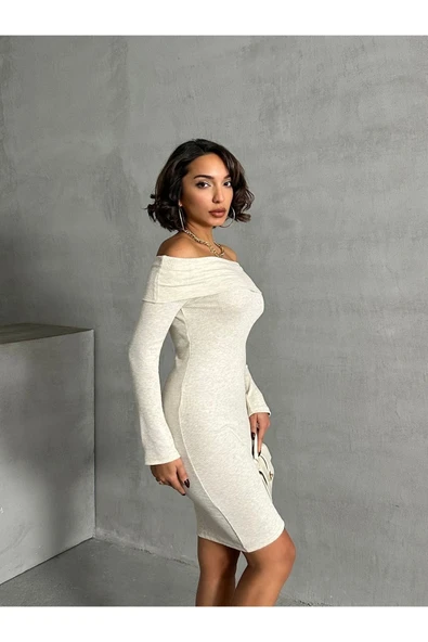 Ekru Madonna Yaka Kaşkorse Midi Boy Kalem Elbise 1.sınıf Kaşkorse Kumaş - 7