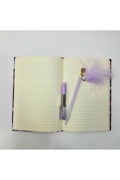 TURKUAZ yazılı sözlü sert kapak Hatıra Defteri Günlük Anı defteri taşlı tüylü kalem ve ruj kalem - 2