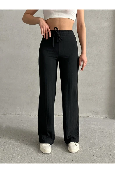 Siyah Kadın Palazzo Fitilli Bol Paça Kaşkorse Eşofman Altı - 5