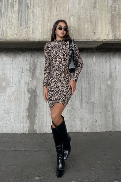 Leopar Desenli Süet Dik Yaka Mini Elbise - 7