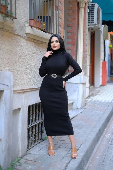 Kadın Yarım Balıkçı Yaka Kalem Model Kaşkorse Kumaş Elbise Tesettür Uygundur Boy 135cm Kemersiz - 2