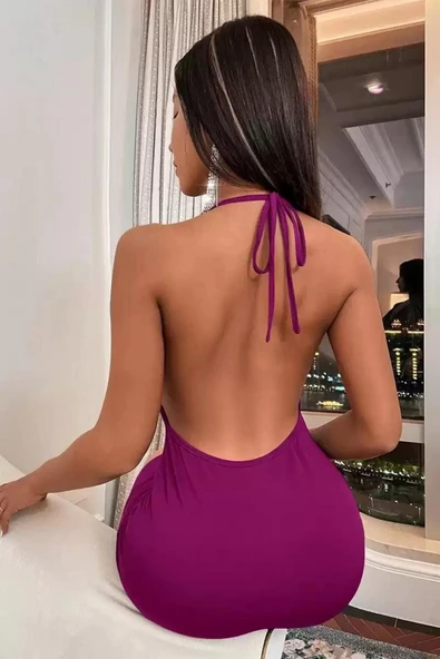 Derin sırt dekolteli askılı mini elbise SİYAH/FUŞYA renk - 5