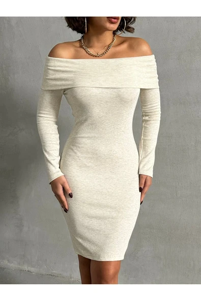Ekru Madonna Yaka Kaşkorse Midi Boy Kalem Elbise 1.sınıf Kaşkorse Kumaş - 4