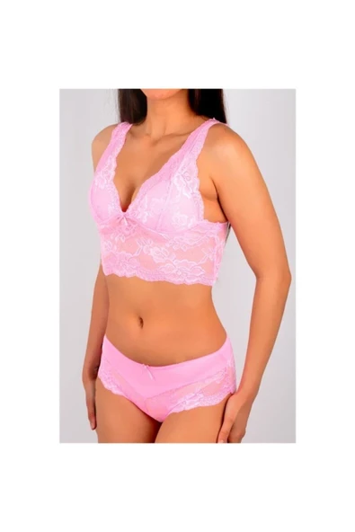 Kadın Pembe Dantelli Bustiyer Takım Fk 410