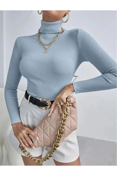 Kadın Bebe Mavisi Pamuklu Balıkçı Yaka Şardonlu Slimfit Boğazlı Kazak Fitilli Bady - 2