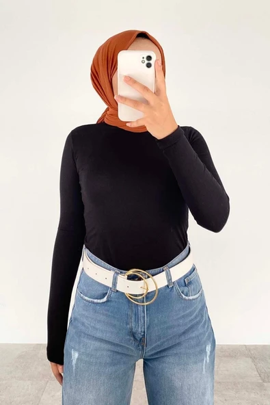 Kopya - Yarım Balıkçı Yaka Düz Renk Body Siyah