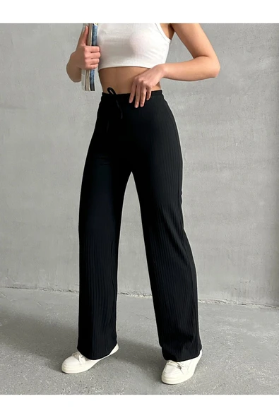 Siyah Kadın Palazzo Fitilli Bol Paça Kaşkorse Eşofman Altı - 6
