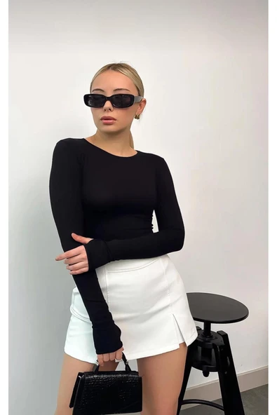 Kadın Siyah Bisiklet Yaka Parmak Geçmeli Body PREMİUM kumaş kalitesi - 3