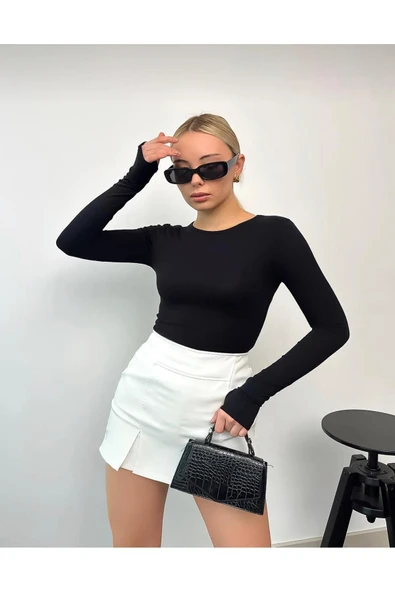 Kadın Siyah Bisiklet Yaka Parmak Geçmeli Body PREMİUM kumaş kalitesi