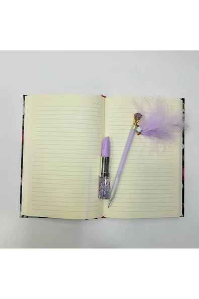 MOR yazılı sözlü sert kapak Hatıra Defteri Günlük Anı defteri taşlı tüylü kalem ve ruj kalem - 2
