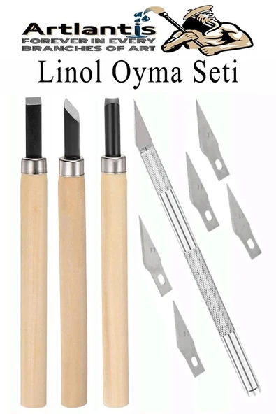 Linol Oyma Seti ve Kretuar Seti 16 Parça 1 Paket Linol Oyma Kesme Bıçak Seti Bıçaklı Linolyum Baskı Ahşap Saplı - 5