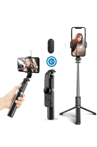 Işıklı Selfie Stick 360 Derece Bluetooth Kumandalı Selfie Çubuğu Fill Light Tripod Q02S