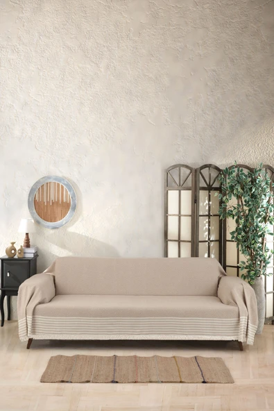 170x310cm %100 Pamuk Püsküllü Koltuk Örtüsü - Bej