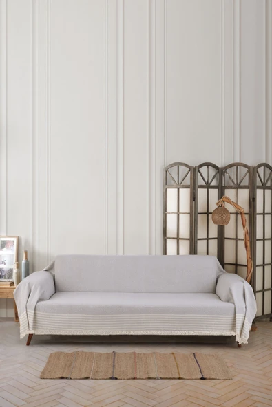 170x310cm %100 Pamuk Püsküllü Koltuk Örtüsü - Gri