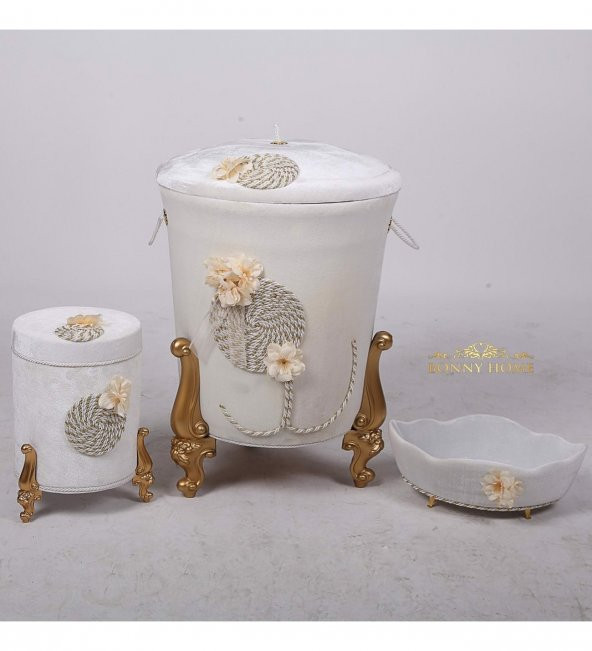 Bonny Home Matmazel Krem 3lü Kadife Çeyizlik Banyo Kirli Çamaşır Sepeti Seti - 3