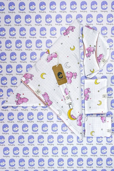 Pembe Tavşan Desenli 2 Katlı %100 Pamuklu Müslin & Pike 5'li Bebek Seti - 3