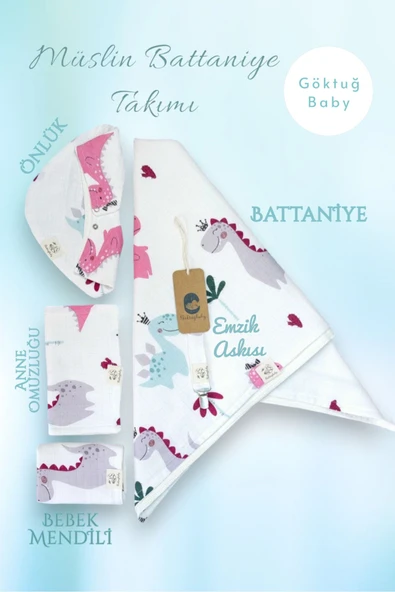 2 Katlı Arkası Beyaz Dino Desenli %100 Pamuklu Müslin& Pike 5'li Bebek Seti, - 2