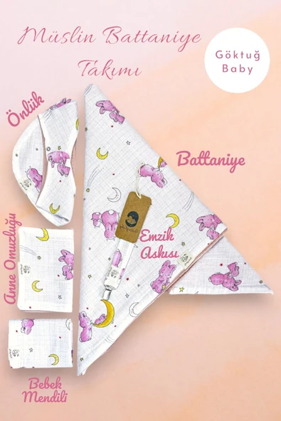 Pembe Tavşan Desenli 2 Katlı %100 Pamuklu Müslin & Pike 5'li Bebek Seti - 2