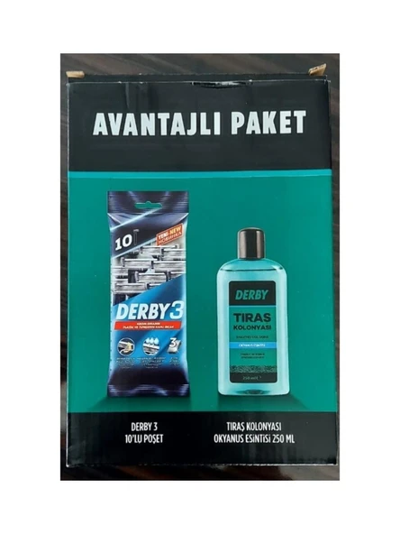 Derby 3 Tıraş Bıçağı 10'lu Poşet + Tıraş Kolonyası Okyanus Esintisi Avantajlı Paket