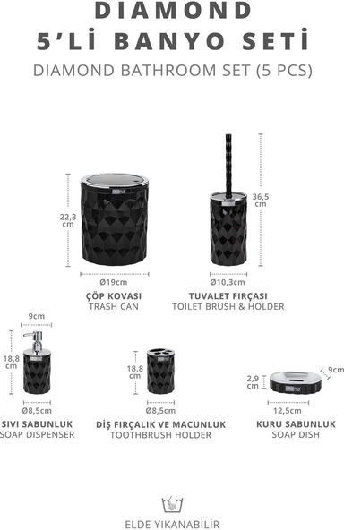 Okyanus Home DMD-02(467-1-S) Diamond Siyah Kromlu Click Kapak 5'li Banyo Seti OKY-1303 - 5